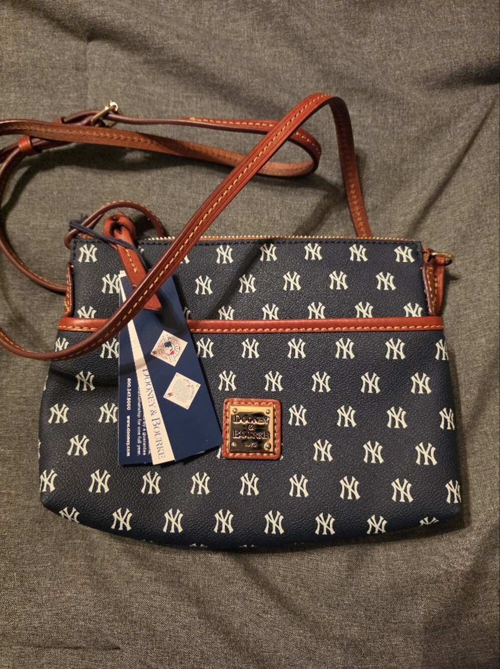 Dooney & Bourke Navy NY Yankees Logo Crossbody Bag with Brown Trim